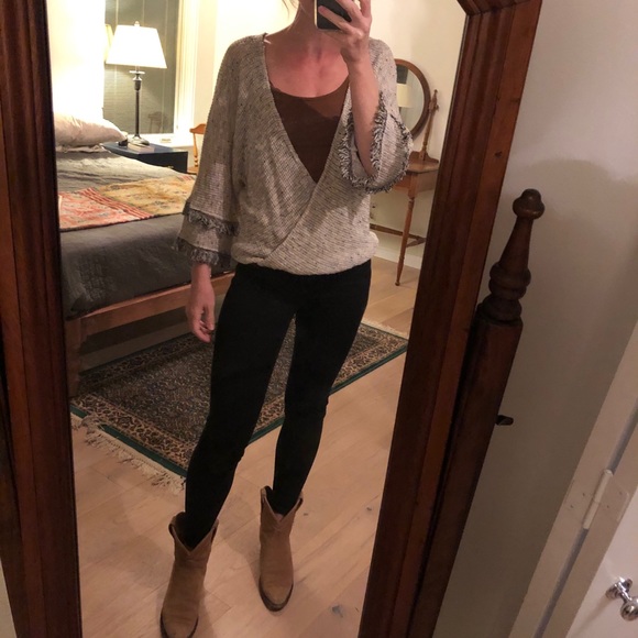 Eri + Ali Sweater Tweed Fringe V Neck - Picture 1 of 8